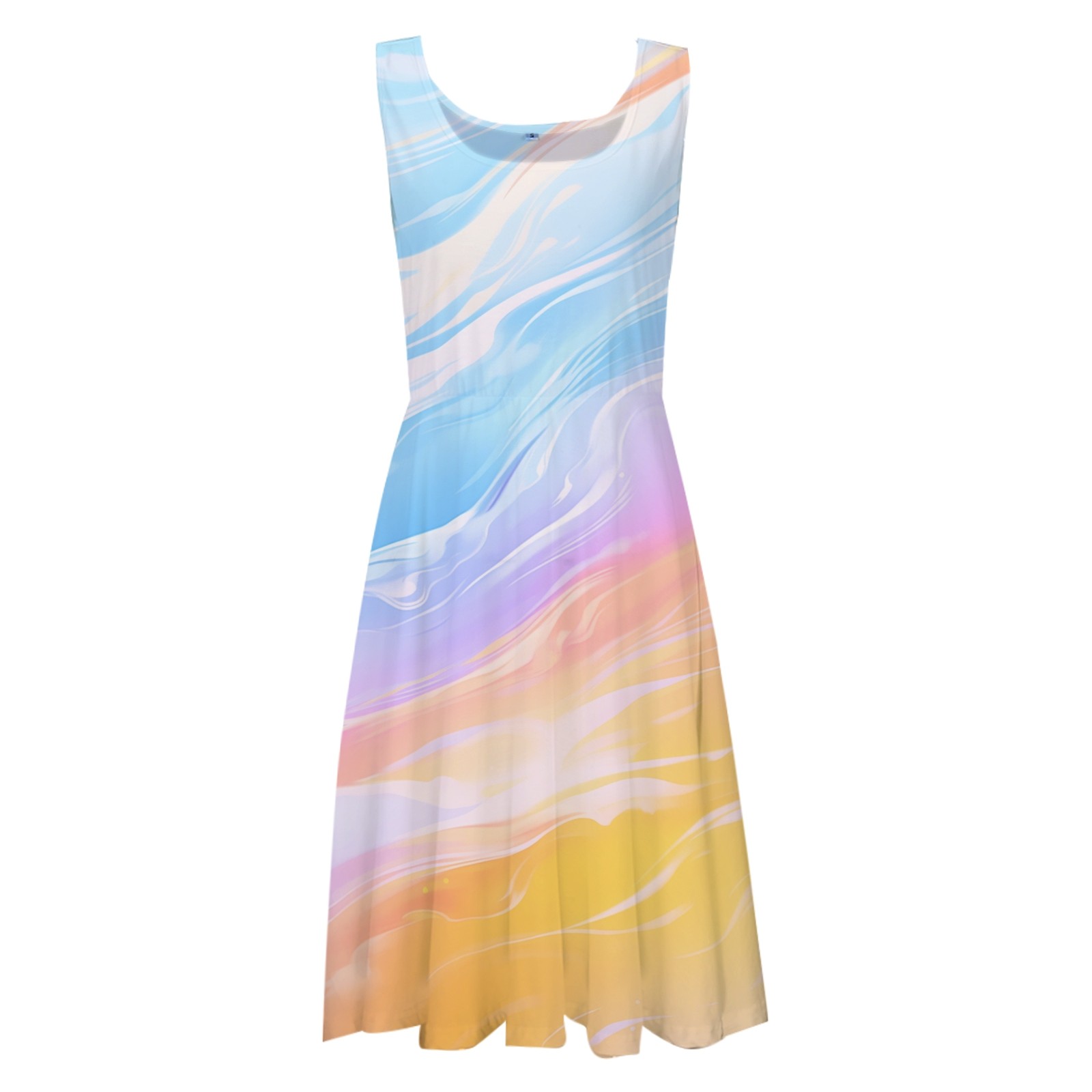 thumbnail image 5 of Vestido informal de mujer con cuello redondo estampado y tirantes - Largo hasta la rodilla, corte A, poliéster/spandex, versátil para la playa/fiestas/uso diario, tallas S-XXL, 5 of 5